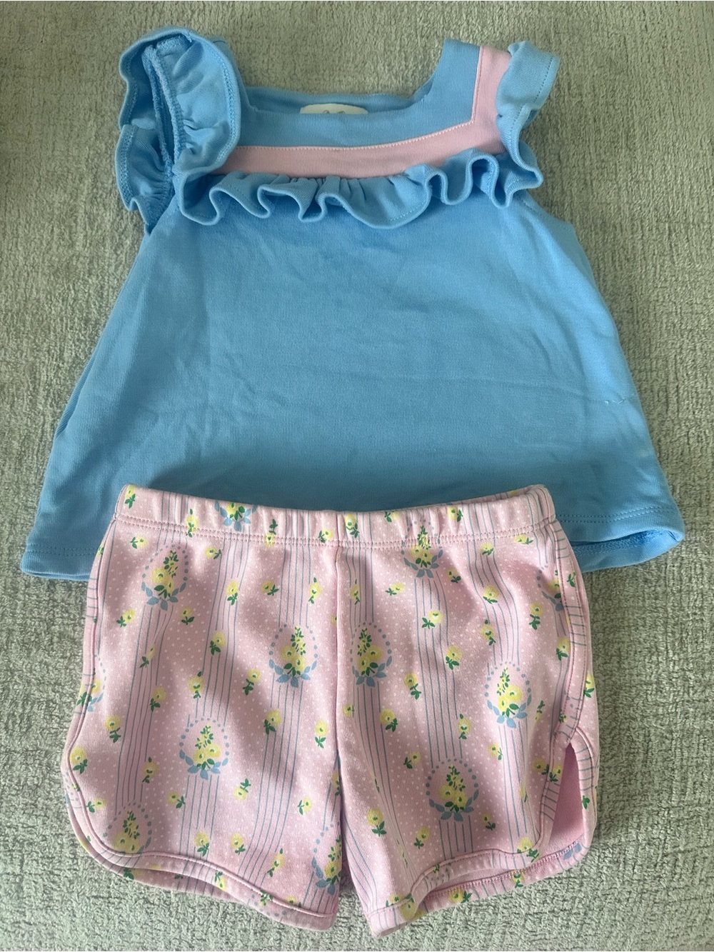The Beaufort Bonnet Company Light Blue Ruffle Tank with Pink Floral Shorts